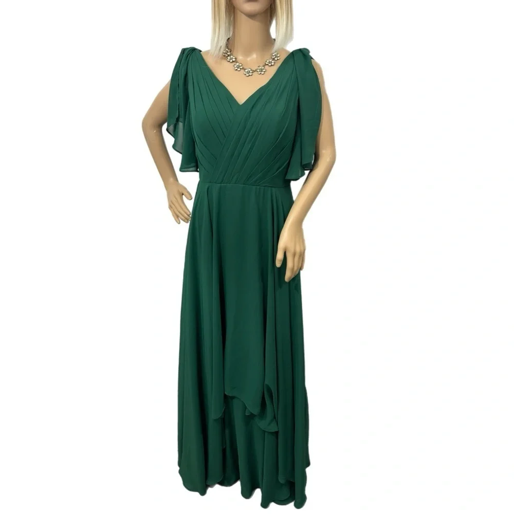 JJs HOUSE Green Goddess Chiffon Gown Split Ruffle Sleeve Dress V Neck Women Sz 6 - Picture 3 of 16